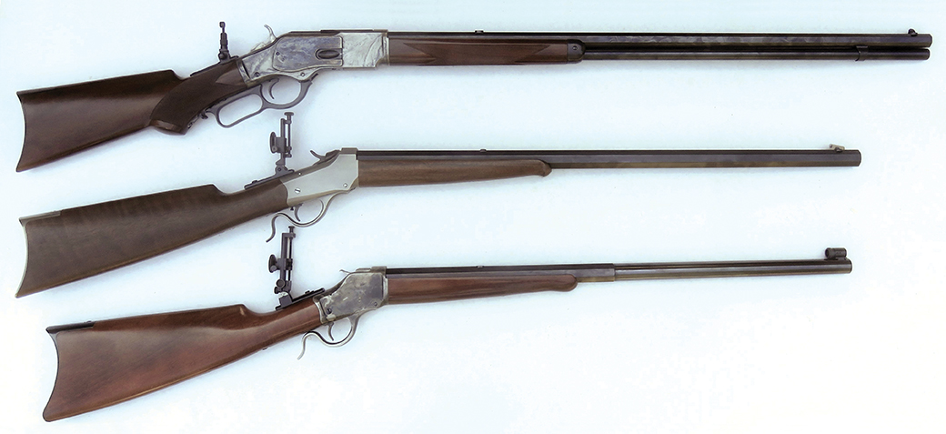 Our three “long” 44-40 rifles; top rifle is the Uberti 1873 with a 30-inch barrel, which turned in the highest velocities. Second from top is the CSA Low Wall with a 28-inch barrel and bottom rifle is the Uberti High Wall with a 26-inch barrel.